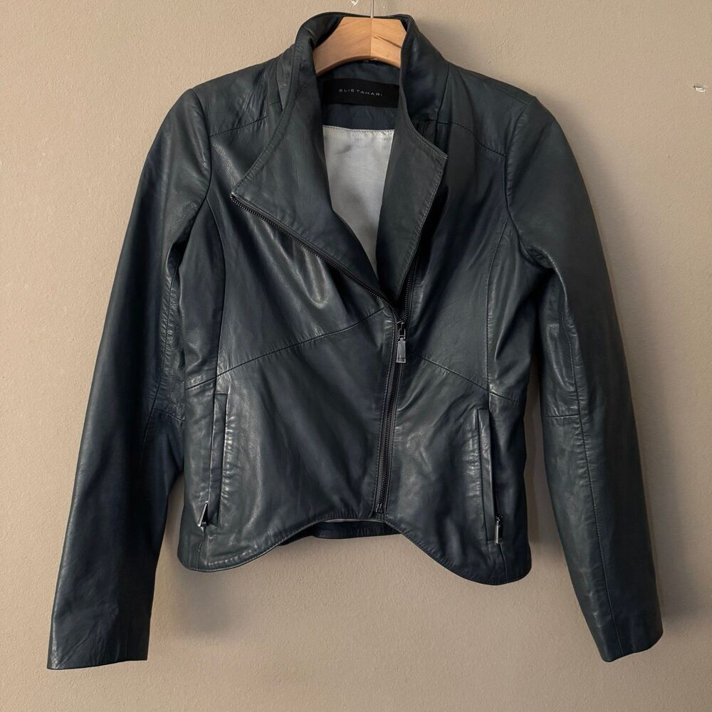 Elie Tahari 100% Lamb Leather Asymmetrical Zip Jacket Peplum Back Size XS
